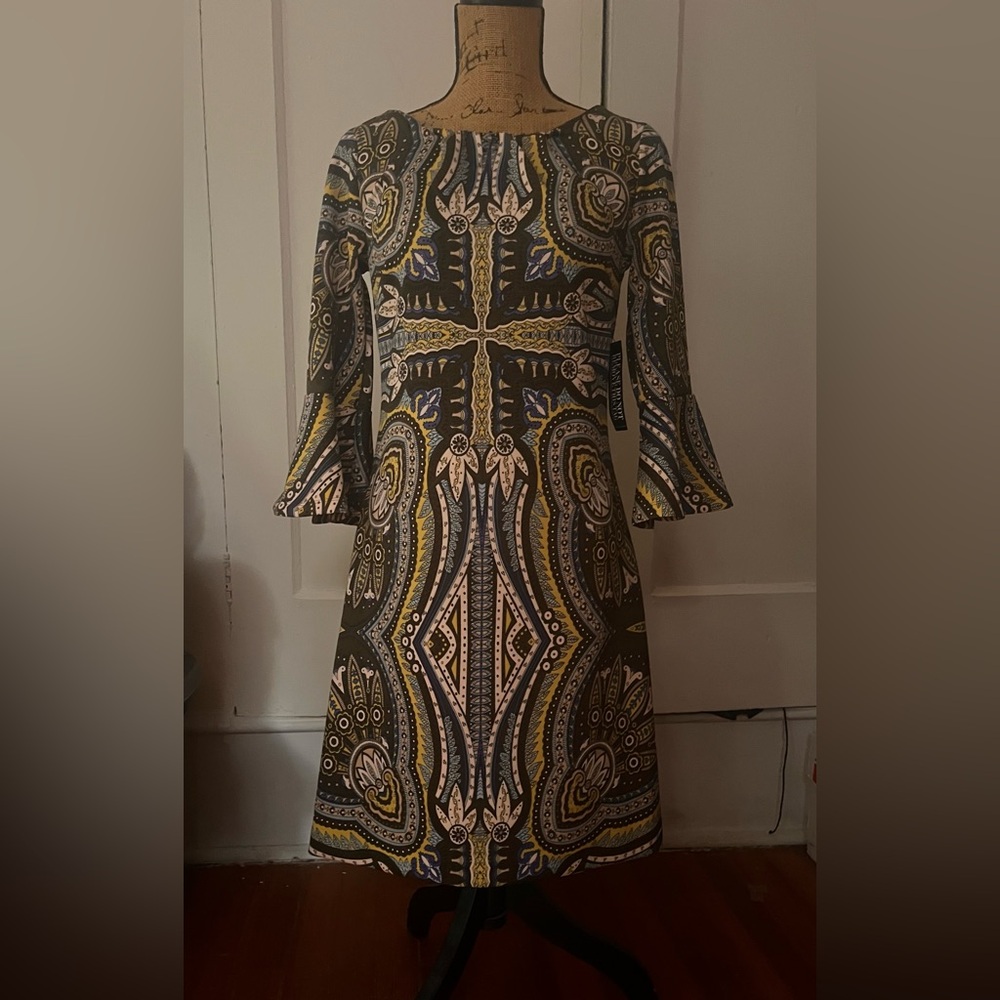 New York & Company Black Green and Blue A-line Bell Sleeve Dress